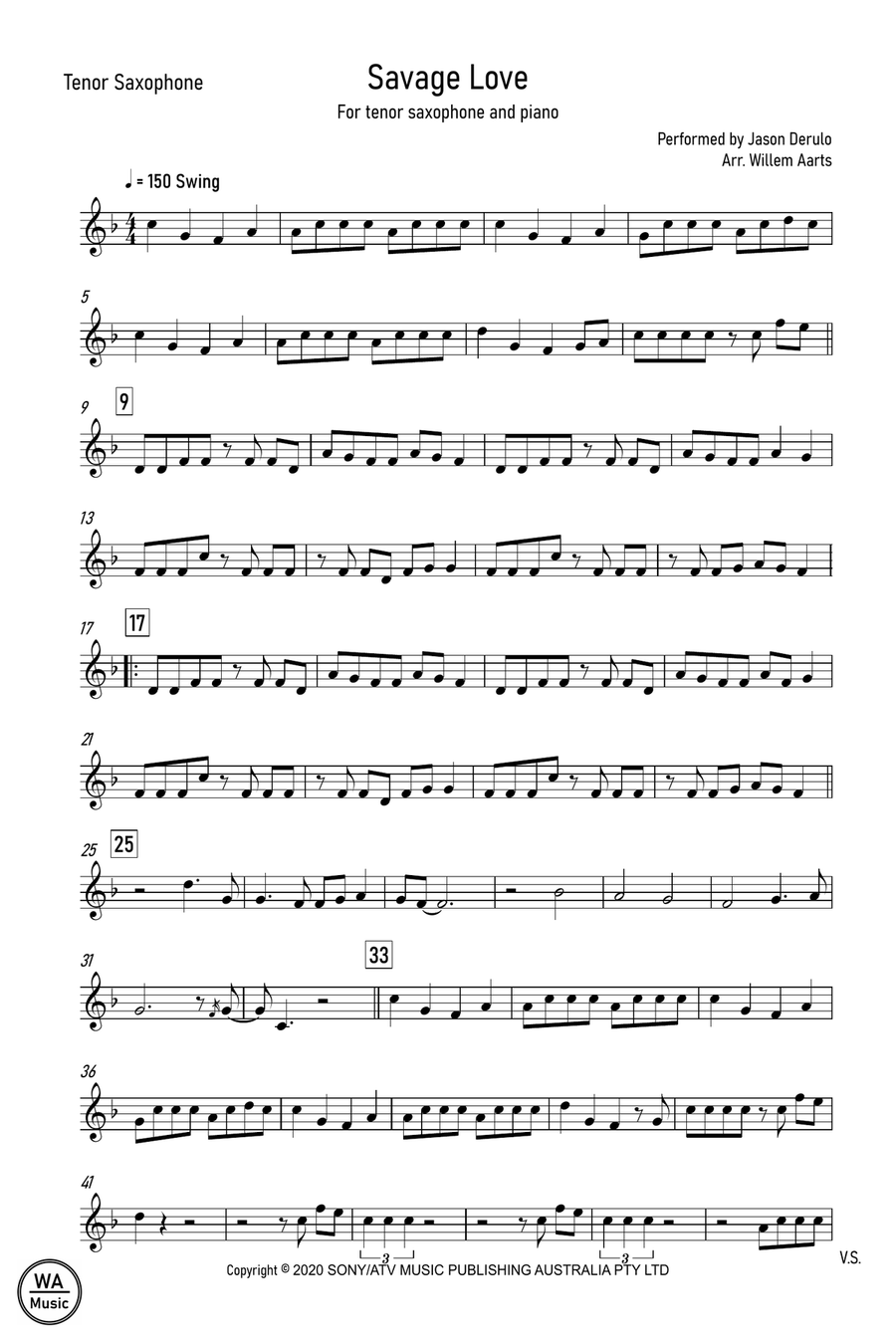 Savage Love Tenor Saxophone scores gallery preview page 1