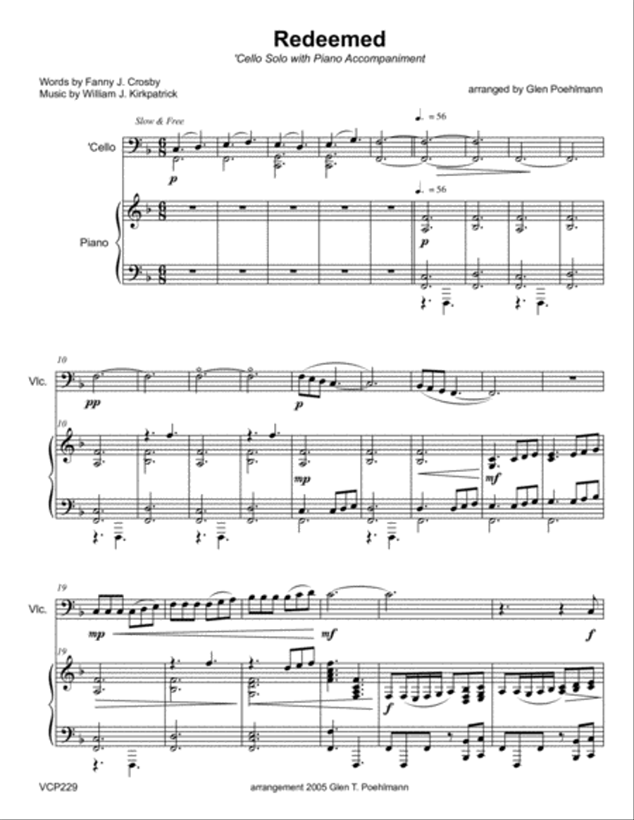 REDEEMED - CELLO SOLO with Piano Accompaniment REDEEMED - CELLO SOLO with Piano Accompaniment Piano scores gallery preview page 1