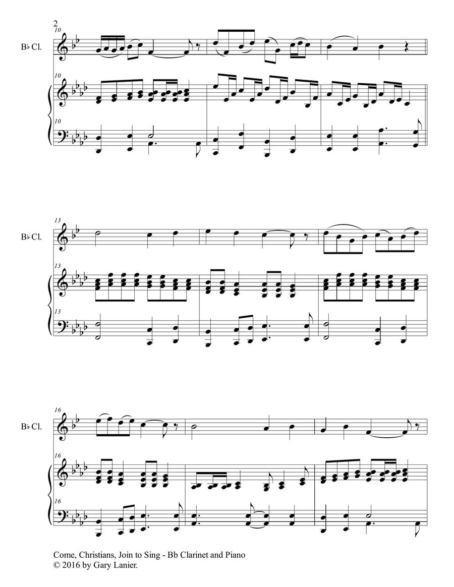 Gary Lanier: COME, CHRISTIANS, JOIN TO SING (Duet – Bb Clarinet & Piano with Parts) Woodwind Duet scores gallery preview page 3