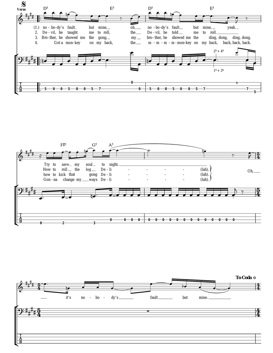 Nobody's Fault But Mine Bass Guitar Tablature scores gallery preview page 2