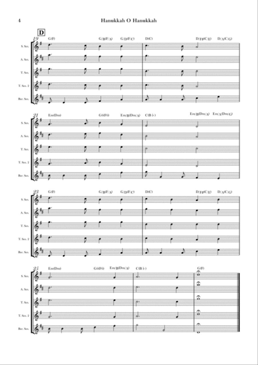 Hanukkah O Hanukkah Saxophone Quintet scores gallery preview page 4