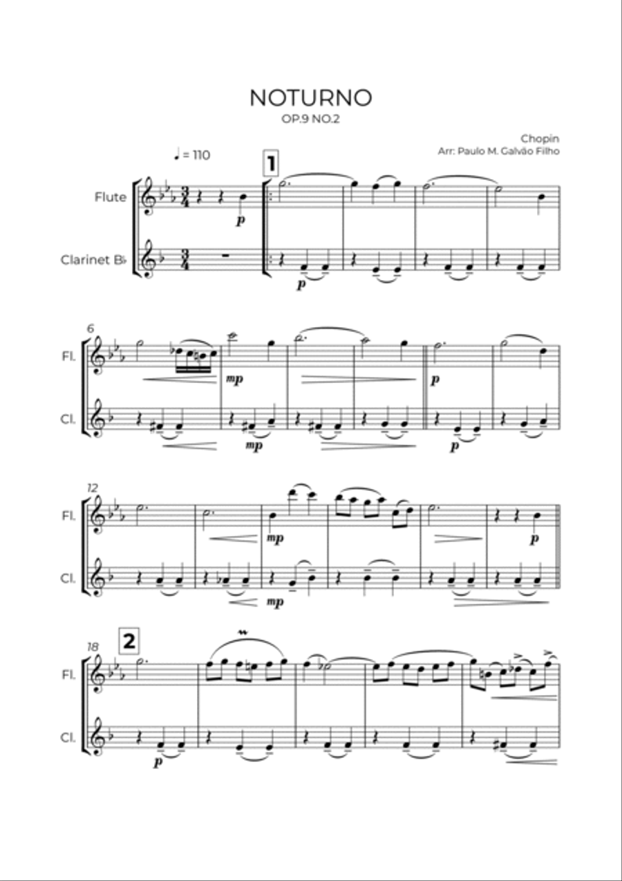 NOTURNO OP.9 NO.2 - CHOPIN - FLUTE & CLARINTET Woodwind Duet scores gallery preview page 2