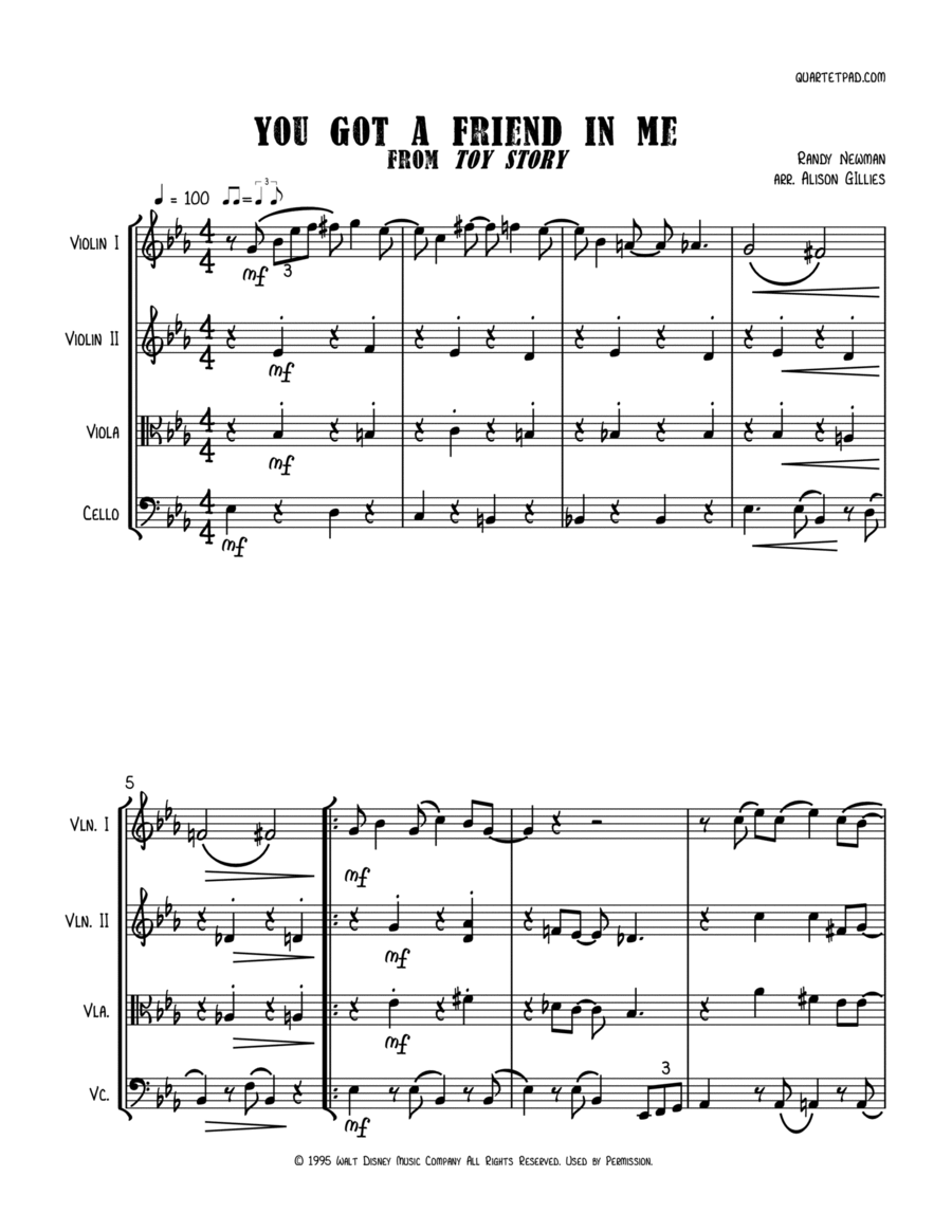 You've Got A Friend In Me String Quartet scores gallery preview page 1