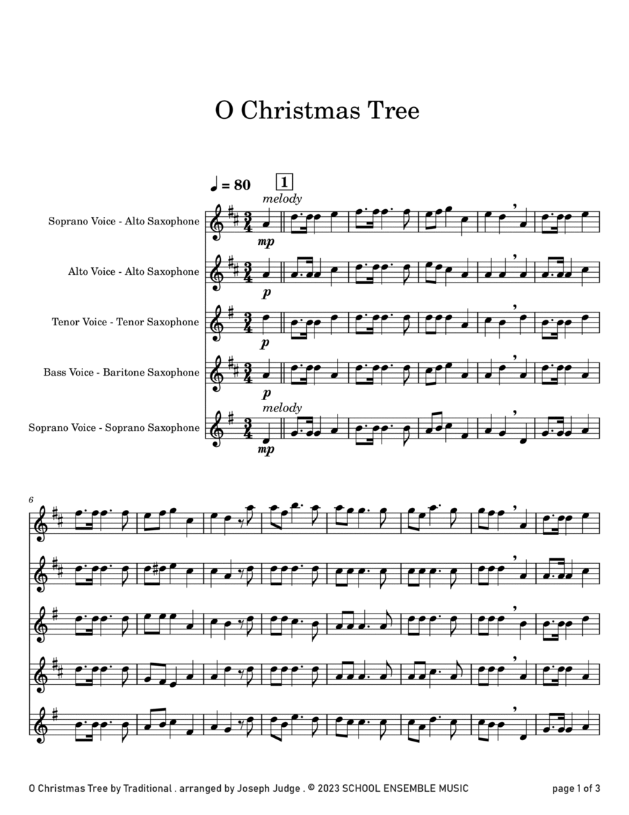 O Christmas Tree for Saxophone Quartet in Schools Saxophone Quartet scores gallery preview page 1