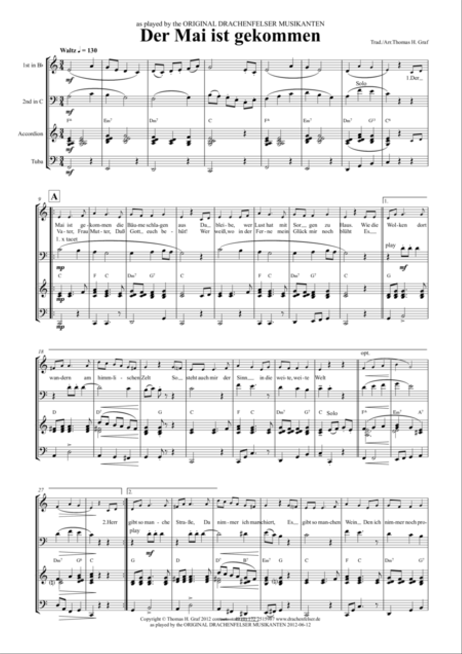 Der Mai ist gekommen - Quartet – Bavarian style – bugle, baritone horn, tuba, accordion Baritone Horn scores gallery preview page 1