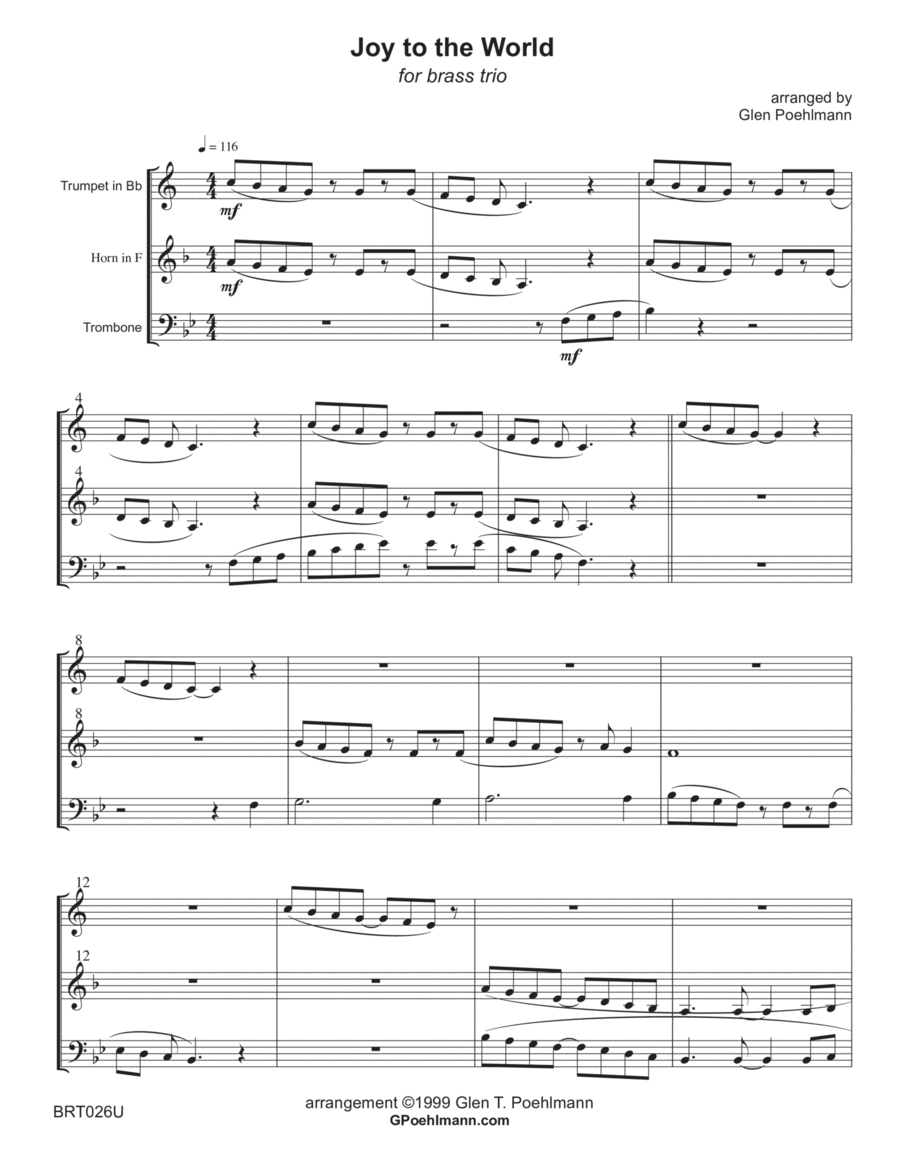 JOY TO THE WORLD - BRASS TRIO (unaccompanied) Brass Trio scores gallery preview page 1