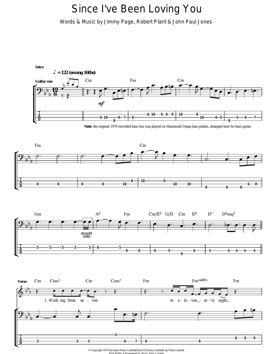 Since I've Been Loving You Bass Guitar Tablature scores gallery preview page 1
