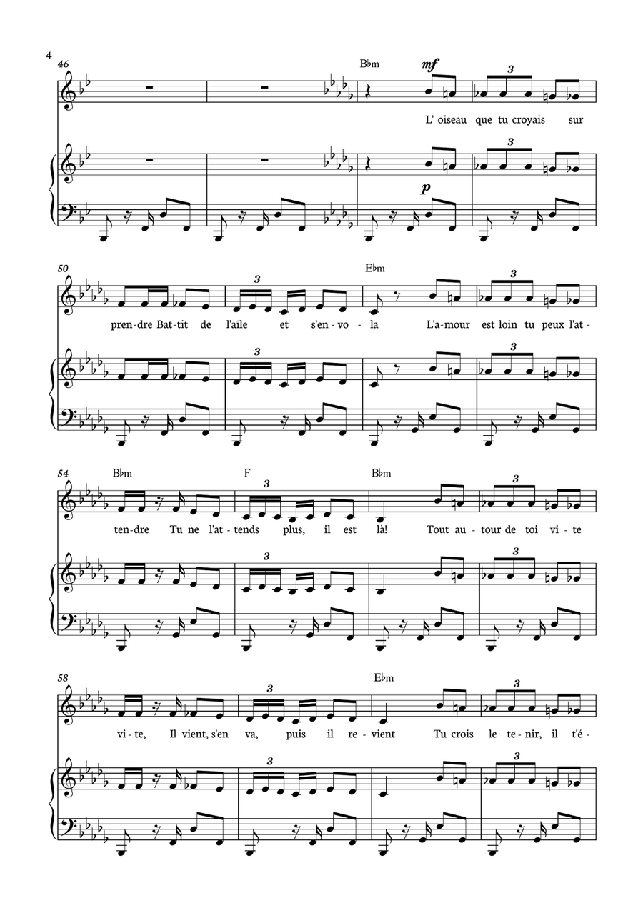 Habanera - Carmen for piano, chords and voice in Bb minor. Piano, Vocal scores gallery preview page 4