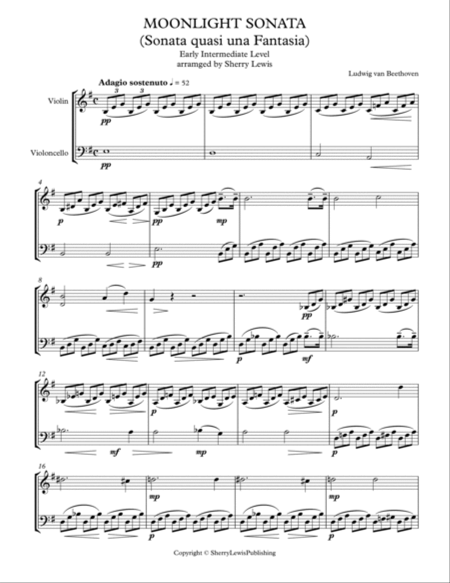 MOONLIGHT SONATA (Sonata quasi una Fantasia), Beethoven, String Duo, Early Intermediate Level for vi String Duet scores gallery preview page 2