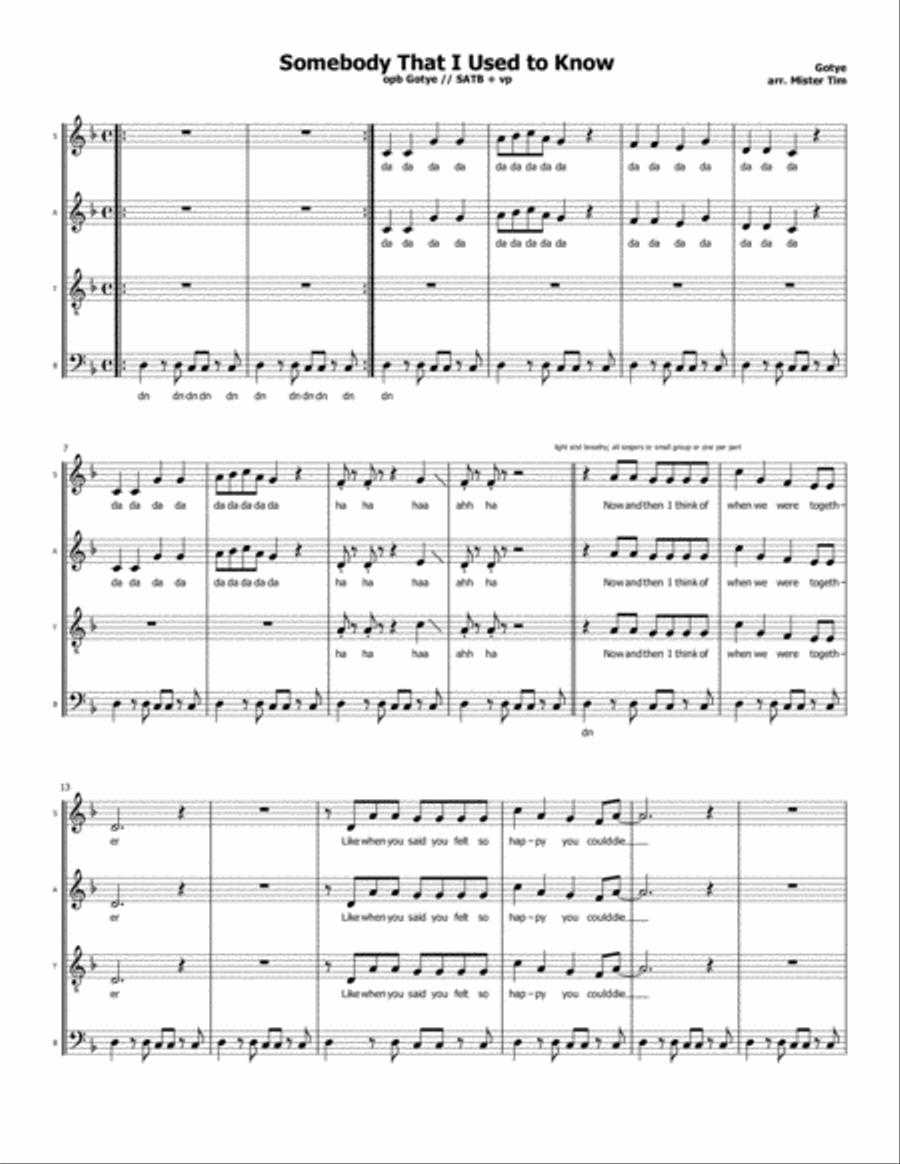 Somebody That I Used To Know 4-Part scores gallery preview page 1