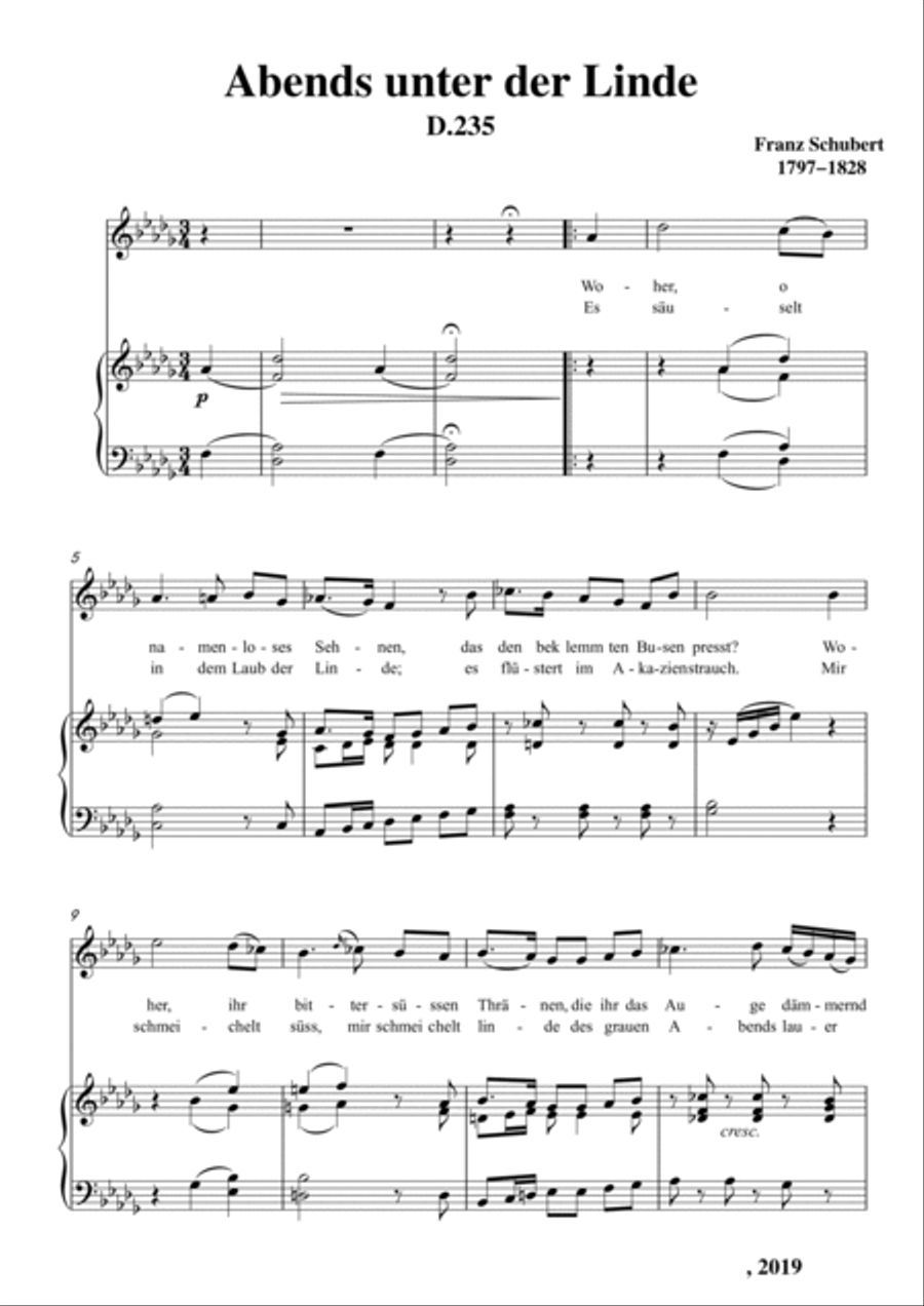 Schubert-Abends unter der Linde,D.235 in bD for Vocal and Piano Voice scores gallery preview page 2