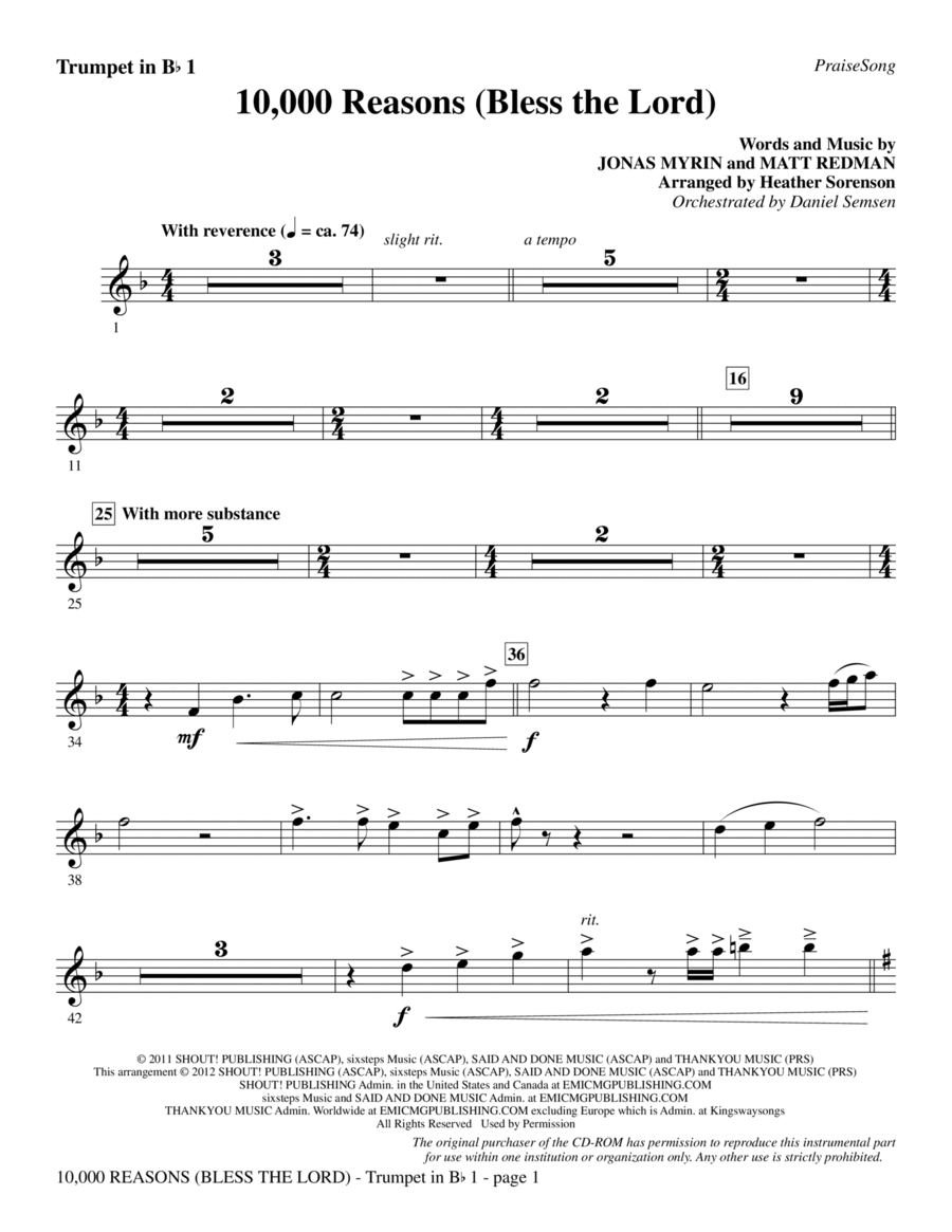 10,000 Reasons (Bless The Lord) - Bb Trumpet 1 Choir scores gallery preview page 1