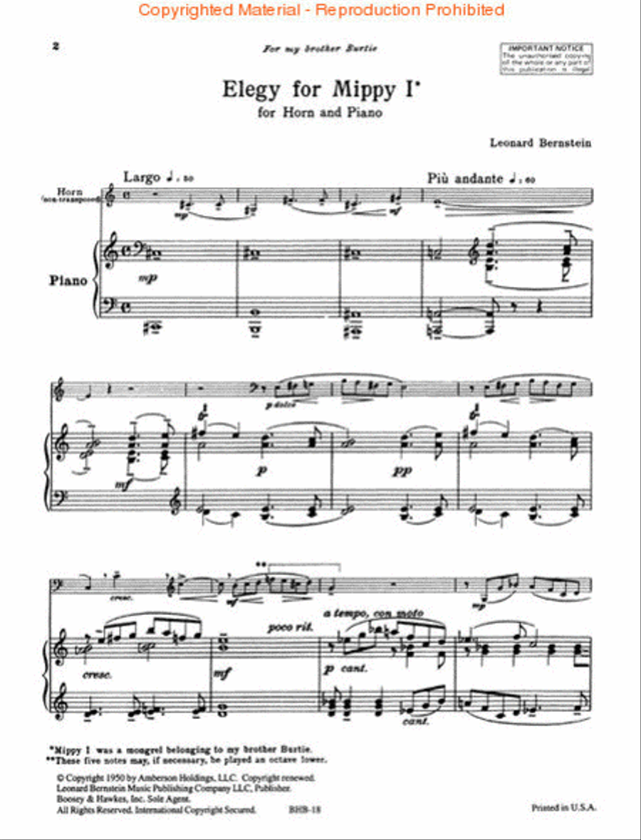 Elegy for Mippy I by Leonard Bernstein Horn Sheet Music