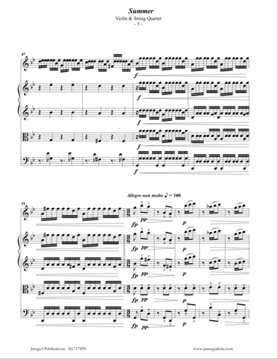Vivaldi: Summer from the Four Seasons for Violin & String Quartet String Quartet scores gallery preview page 5