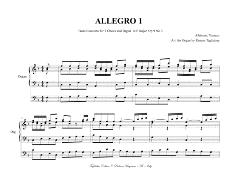 ALLEGRO 1 - From Concerto for 2 Oboes in F major, Op.9 No . 3 - Arr. for Organ 3 Staff image number null