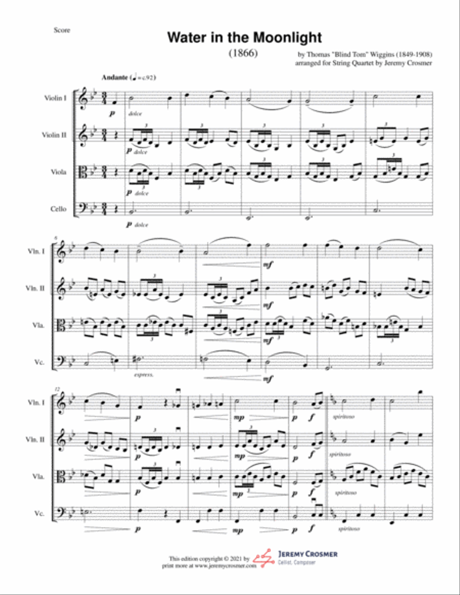 Thomas Wiggins - Water in the Moonlight - Black Composers, Classical Quartets String Quartet scores gallery preview page 2