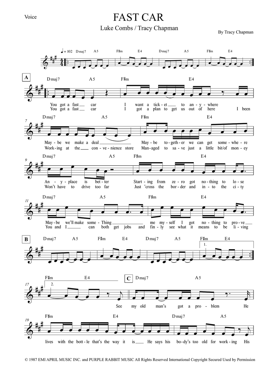 Fast Car Piano scores gallery preview page 1