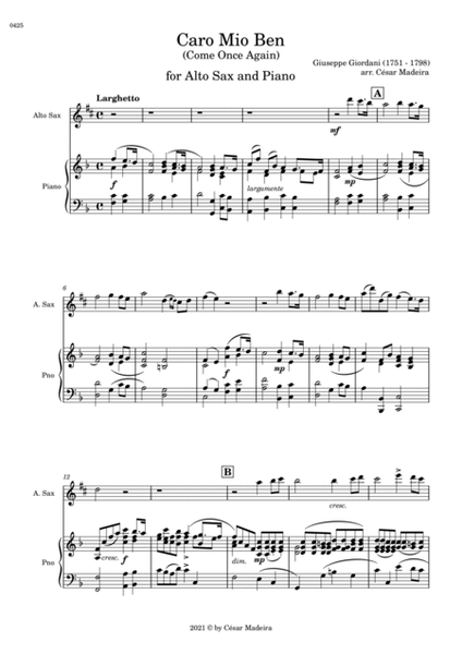 Caro Mio Ben (Come Once Again) - Alto Sax and Piano (Full Score and Parts) image number null