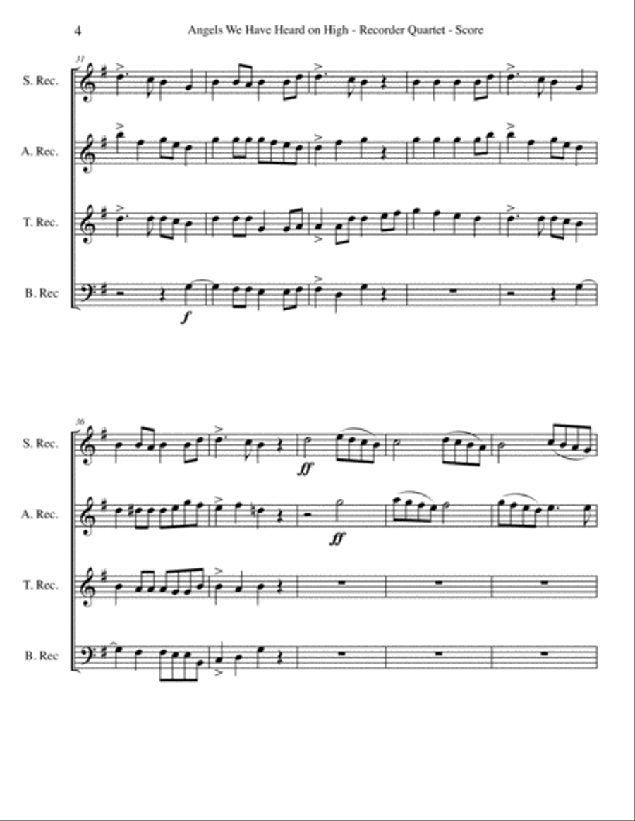 Angels We Have Heard on High for Recorder Quartet Small Ensemble scores gallery preview page 4