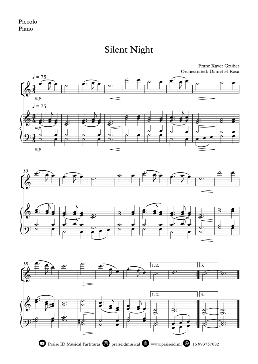 Silent Night - Christmas Carol - Piccolo and Piano Piccolo scores gallery preview page 1