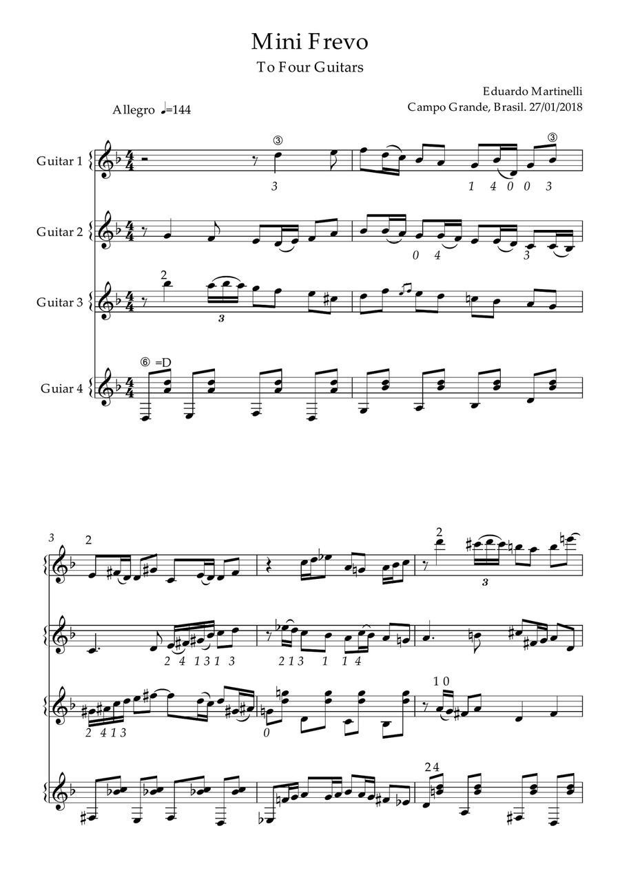 Mini Frevo - Brazilian music for four guitars - Score and Parts Guitar Ensemble scores gallery preview page 1