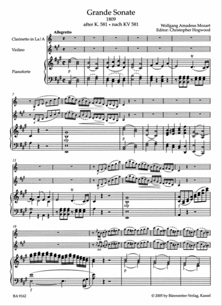 Grande Sonate for Clarinet (or Violin) and Piano in A major (1809) A Clarinet scores gallery preview page 2