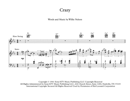 Crazy by Patsy Cline Voice - Digital Sheet Music