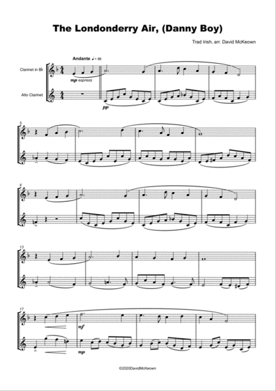 Londonderry Air, (Danny Boy), for Clarinet and Alto Clarinet Duet Clarinet Duet scores gallery preview page 2