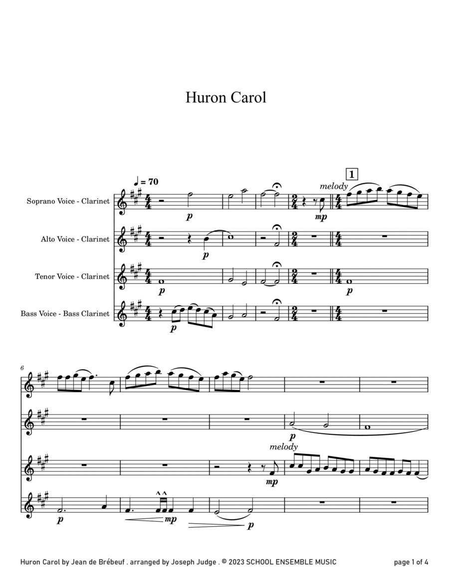 Huron Carol for Clarinet Quartet in Schools Clarinet Quartet scores gallery preview page 1