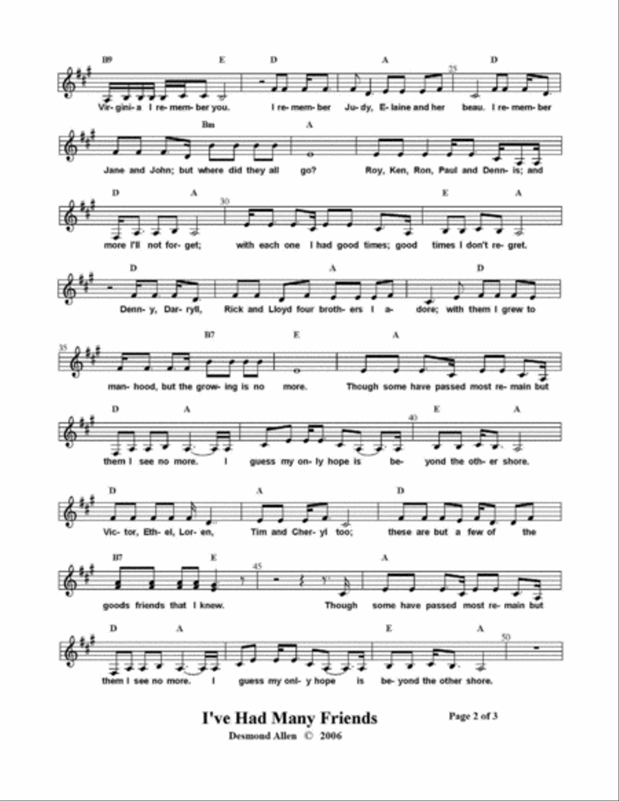 I've Had Many Friends by Desmond Allen Piano, Vocal, Guitar scores gallery preview page 2