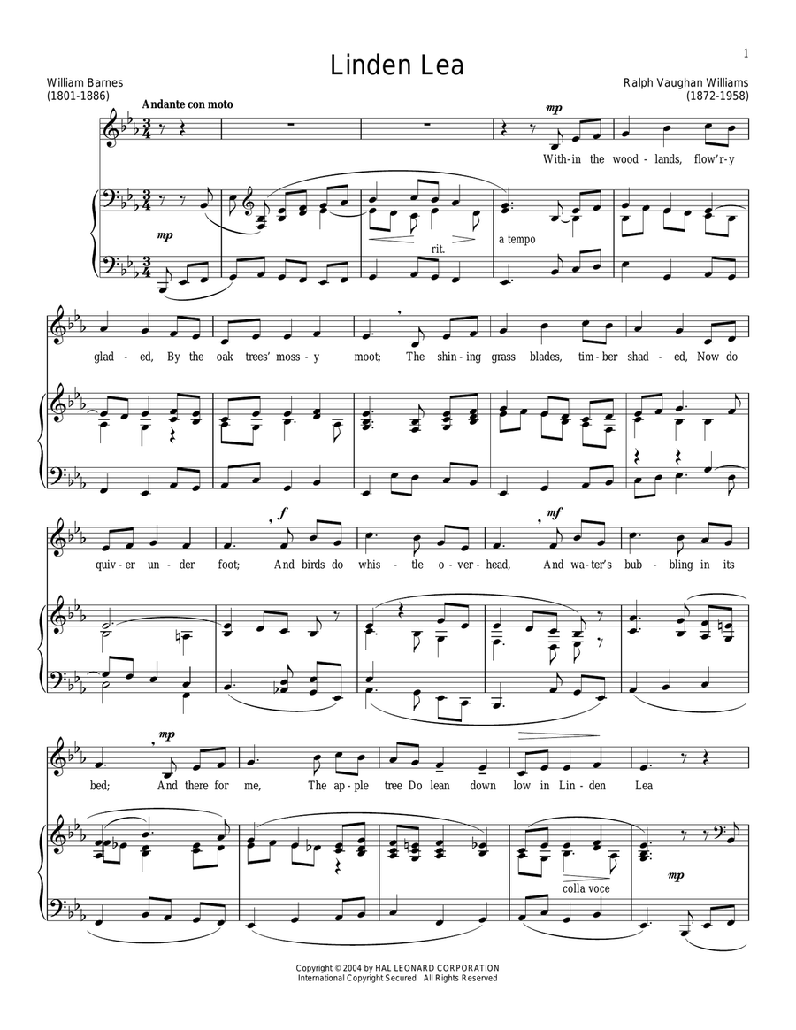 Linden Lea Linden Lea Bass Voice scores gallery preview page 1