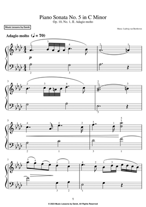 Book cover for Piano Sonata No. 5 in C Minor (EASY PIANO) Op. 10, No. 1, II. Adagio molto [Ludwig van Beethoven]