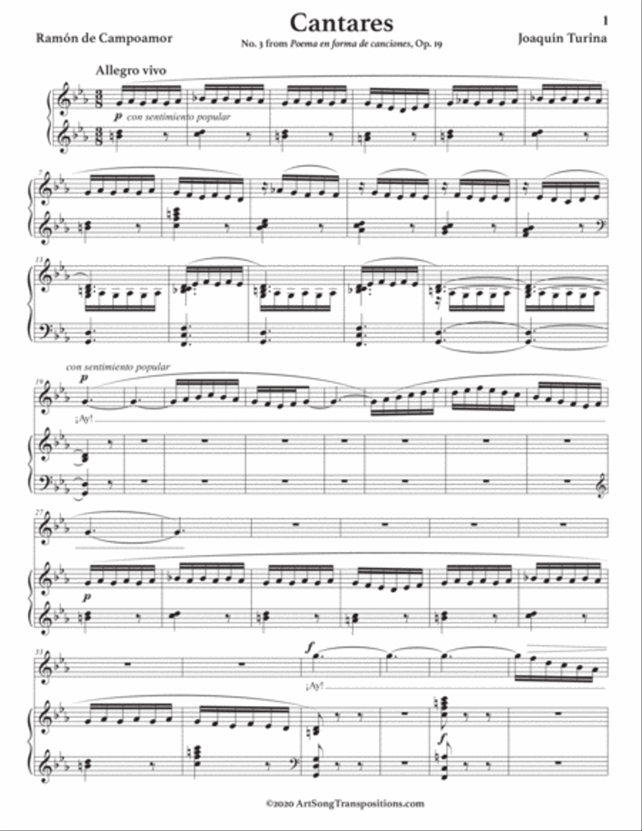 TURINA: Cantares, Op. 19 no. 3 (transposed to C minor) Voice scores gallery preview page 2