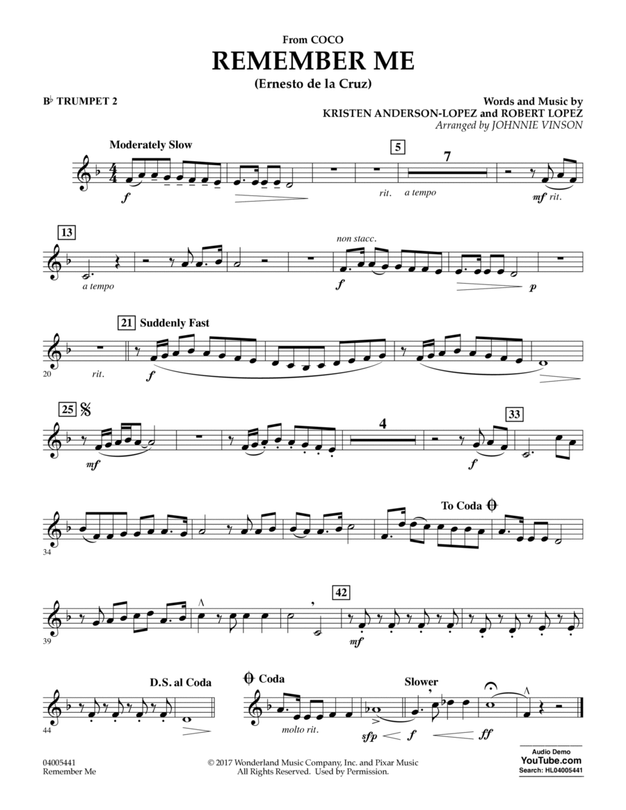 Remember Me (from Coco) (arr. Johnnie Vinson) - Bb Trumpet 2