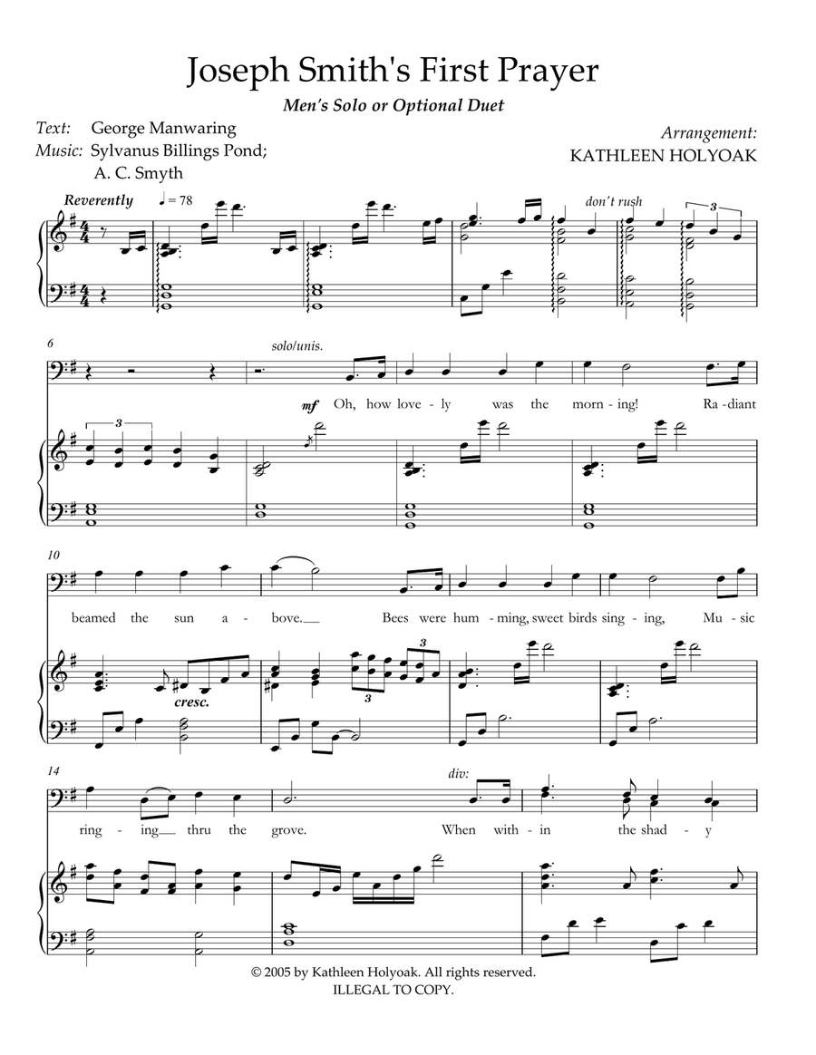 Joseph Smith's First Prayer- Male Solo/Optional Duet - Arr. by Kathleen Holyoak Piano, Vocal, Guitar scores gallery preview page 2