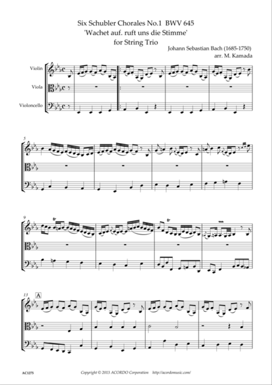 Six Schubler Chorales No.1 BWV645 'Wachet auf. ruft uns die Stimme' for String Trio String Trio scores gallery preview page 1