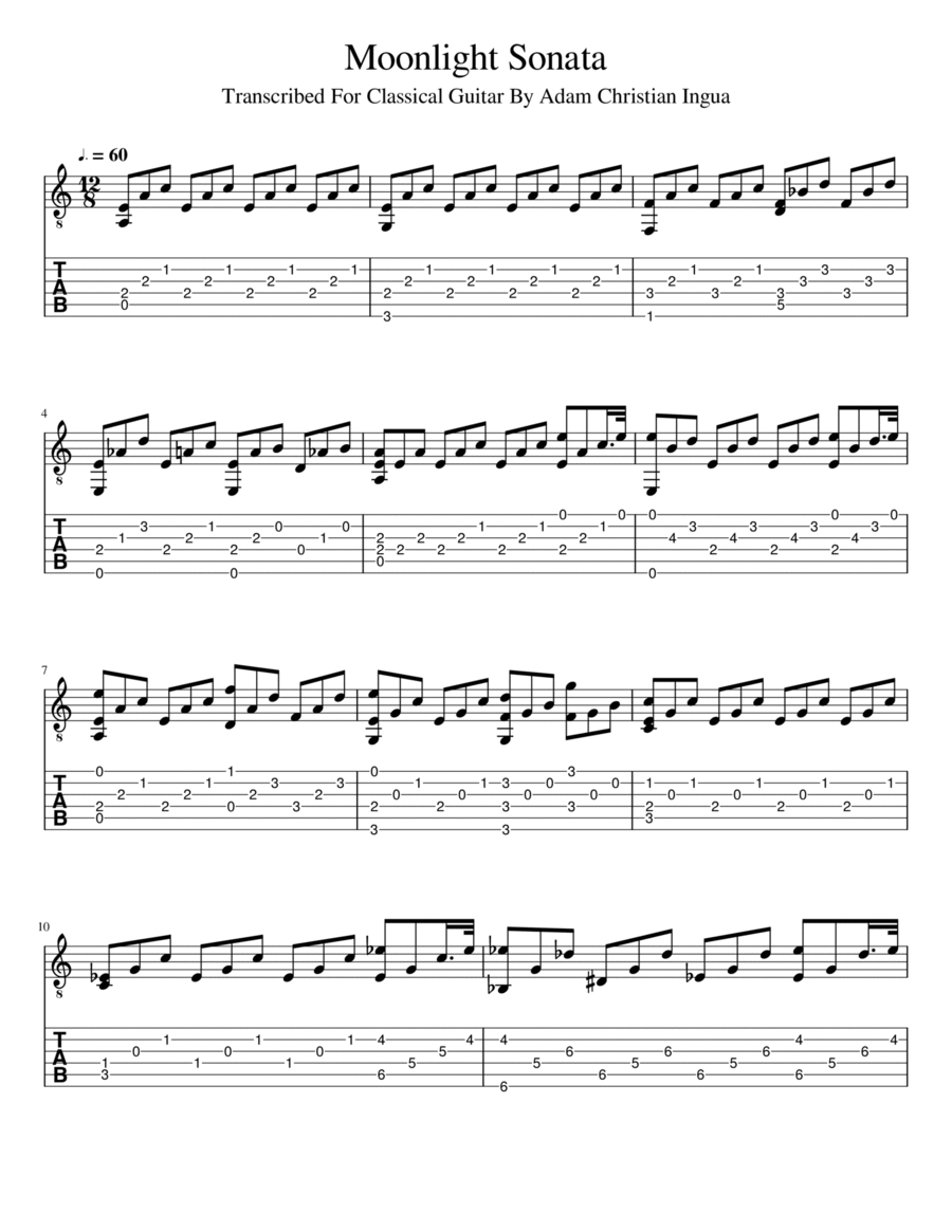 Moonlight Sonata easy tabs for Guitar Acoustic Guitar scores gallery preview page 1