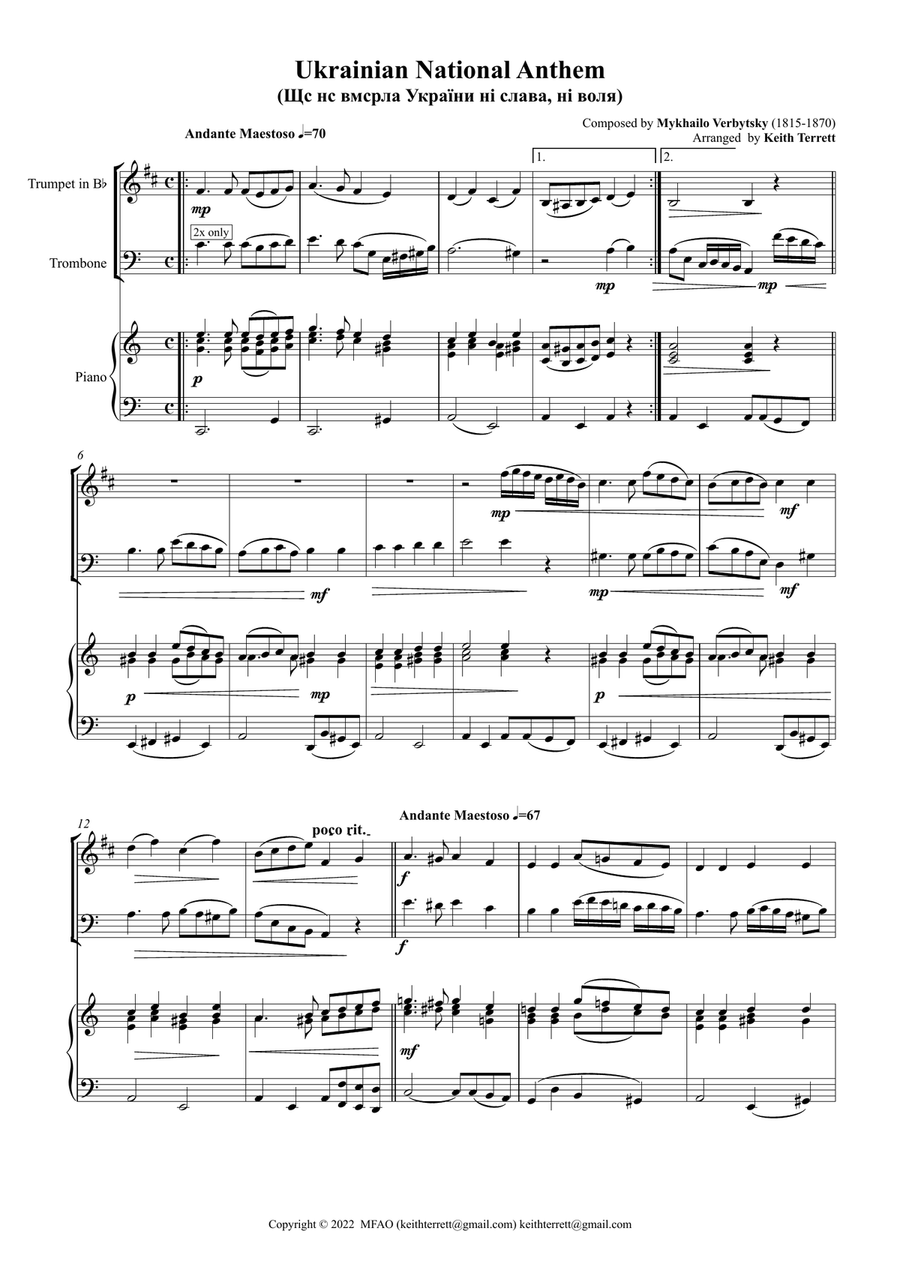 Ukrainian National Anthem for Bb Trumpet/Cornet, C Trombone/Euphonium & Piano MFAO World National An Cornet scores gallery preview page 2