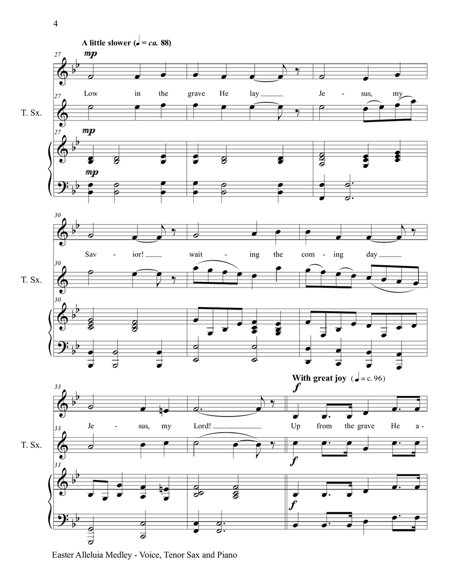 EASTER ALLELUIA MEDLEY (Voice, Tenor Sax and Piano. Score & Parts included) Small Ensemble scores gallery preview page 4