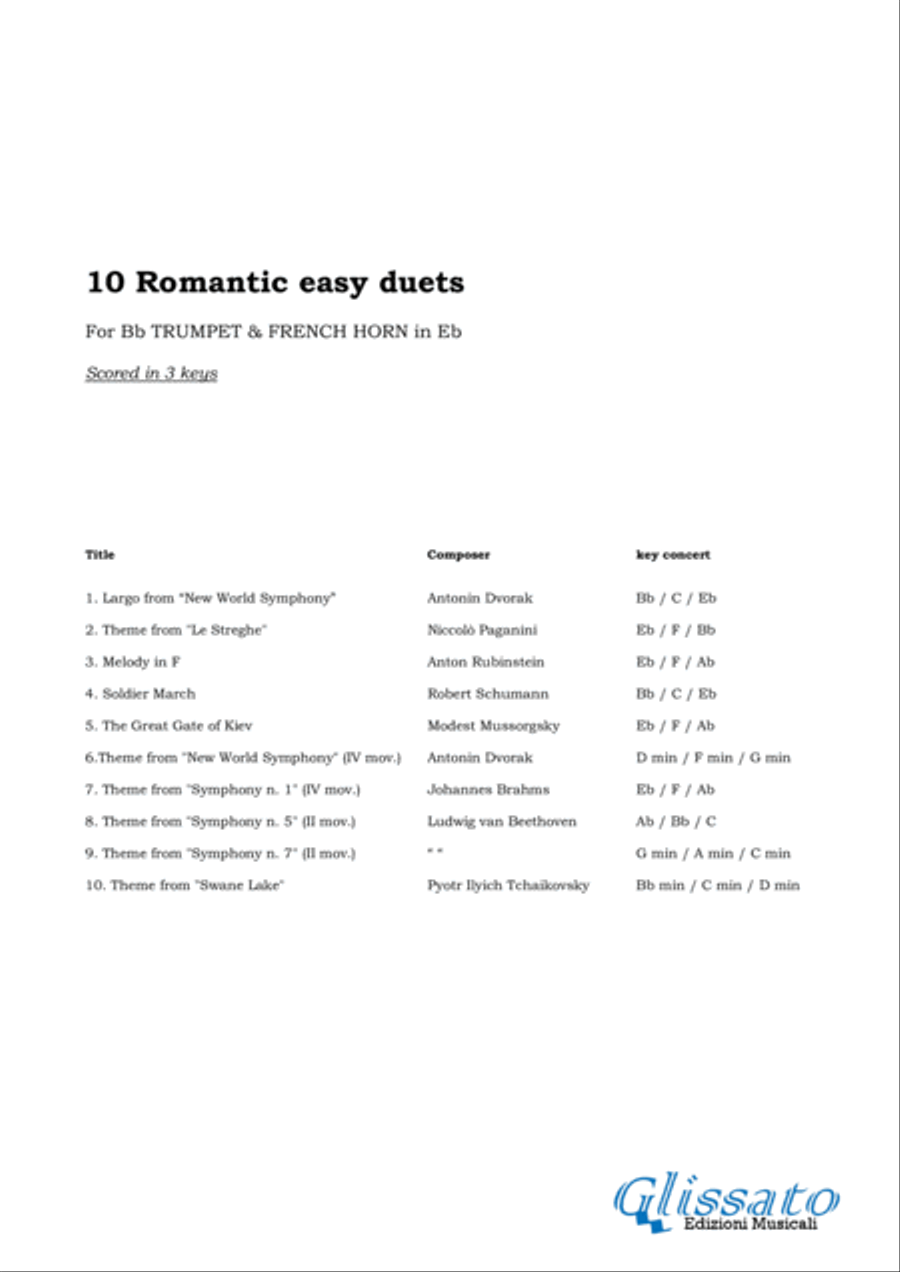 10 Romantic Easy duets for Bb Trumpet and French Horn in Eb image number null