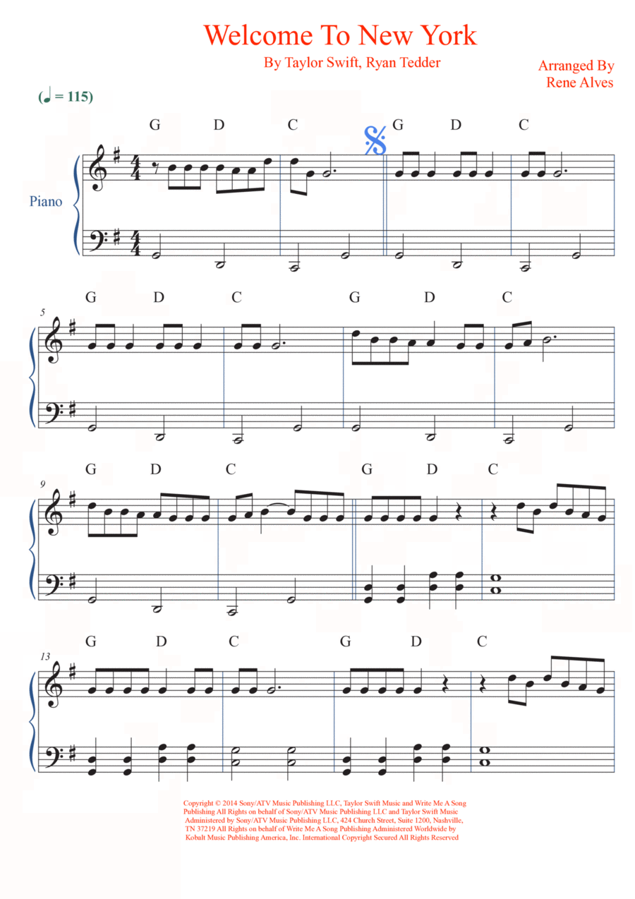 Welcome To New York Easy Piano scores gallery preview page 1