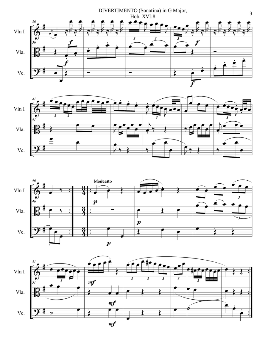 F. J. Haydn. DIVERTIMENTO (Sonatina) in G Major, Hob. XVI-8, Trio string. With parts String Trio scores gallery preview page 3