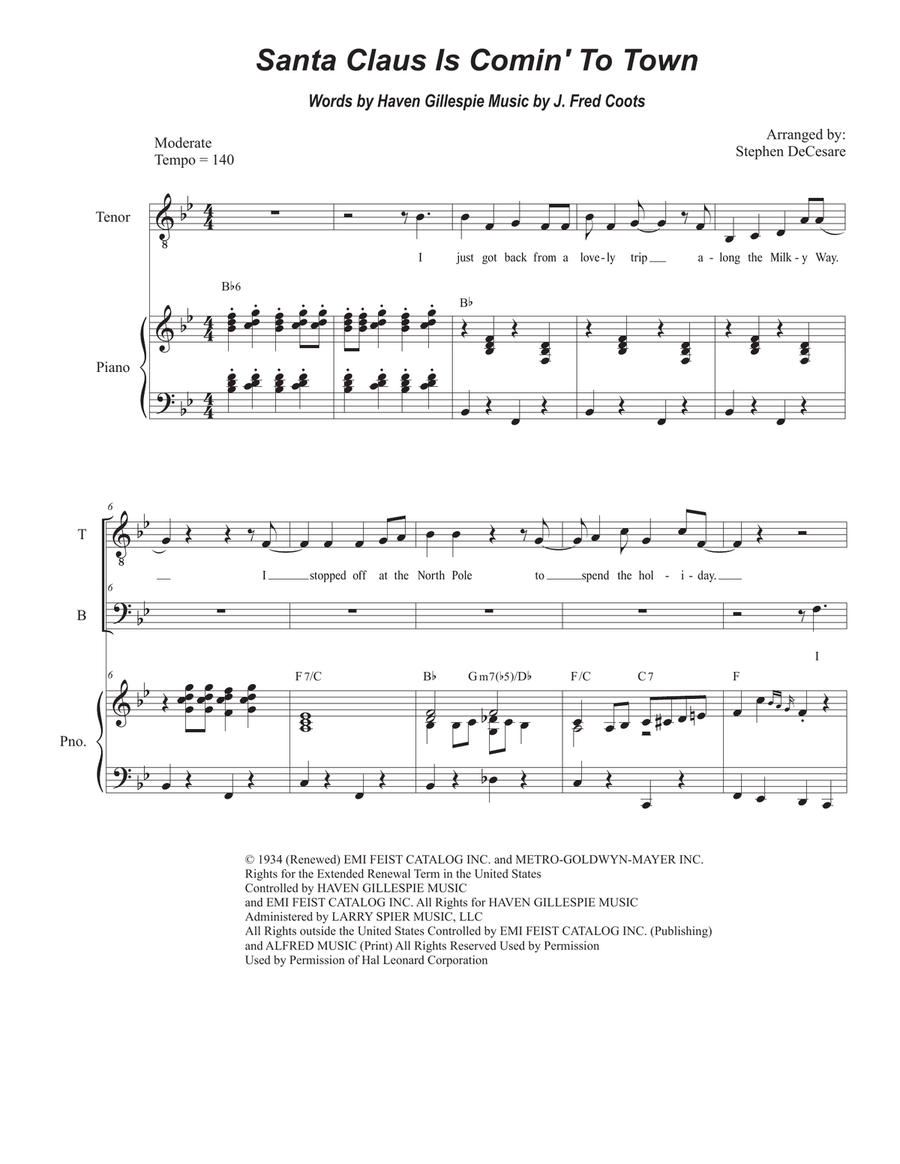 Santa Claus Is Comin' To Town Tenor Voice scores gallery preview page 1