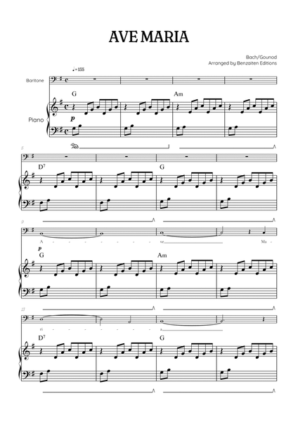 Bach / Gounod Ave Maria in G major • baritone sheet music with piano accompaniment and chords image number null