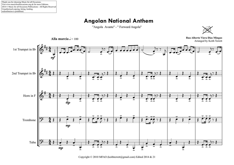 Angolan National Anthem for Brass Quintet MFAO World National Anthem Series image number null