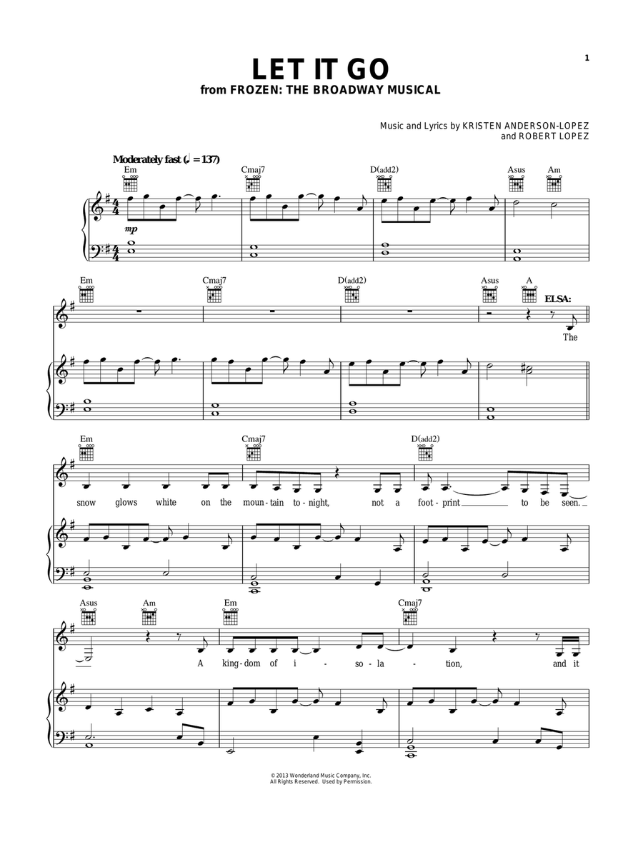 Let It Go from Frozen by Idina Menzel Piano Vocal Guitar