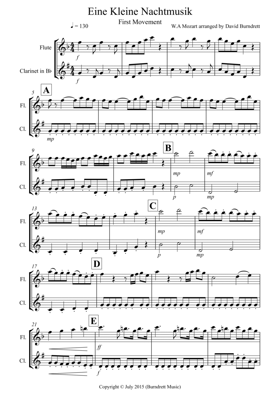 Eine Kleine Nachtmusik (1st movement) for Flute and Clarinet Duet Woodwind Duet scores gallery preview page 1