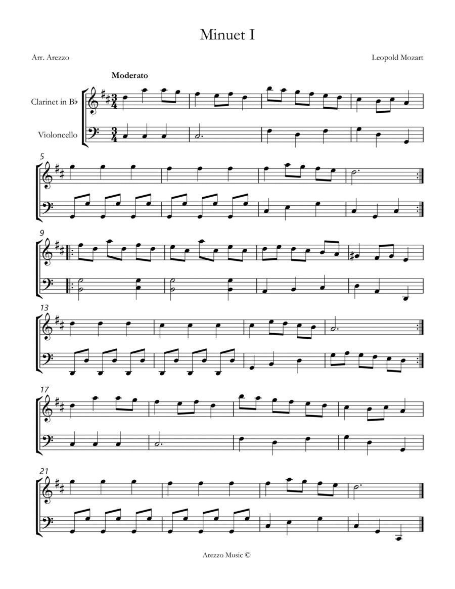 leopold mozart notebook for wolfgang minuet I Clarinet and Cello sheet music Chamber Music scores gallery preview page 1