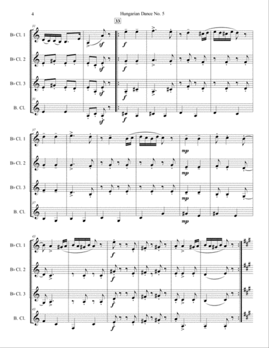 Hungarian Dance No. 5 for Clarinet Quartet Hungarian Dance No. 5 for Clarinet Quartet Clarinet Quartet scores gallery preview page 4