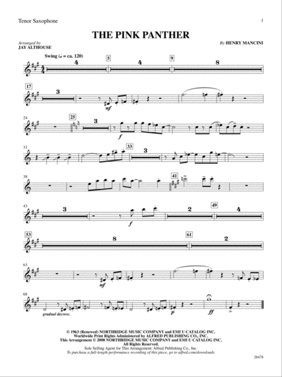 The Pink Panther: B-flat Tenor Saxophone Tenor Saxophone scores gallery preview page 1